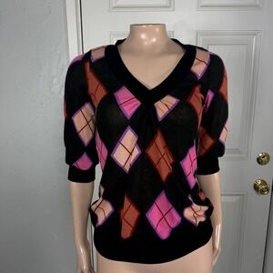 Vintage y2K Annabelle Women's Top Shirt Small Argyle Preppy USA Stretch D4-5